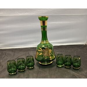 Vintage Bohemian Green & Gold Floral Liquor Set Decanter 6 Glasses